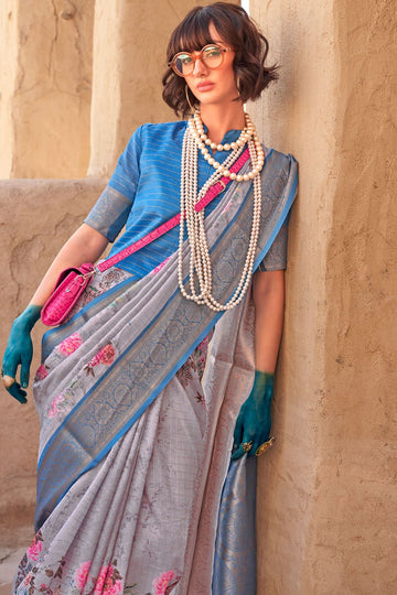 Soft Grey Handlooom Georgette Saree for Ceremonial