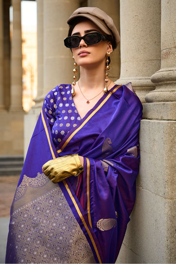 Violet Pure Handloom Weaving Satin Silk Party Wear Saree