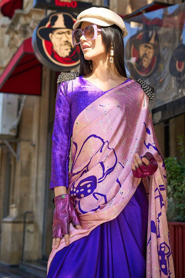 Violet and Rose Pink Digital Print Satin Crepe Saree for Party