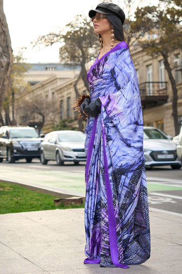Multicolor Digital Print Satin Crepe Saree for Party