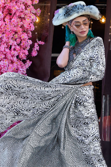 Off White Digital Print Satin Crepe Saree for Party