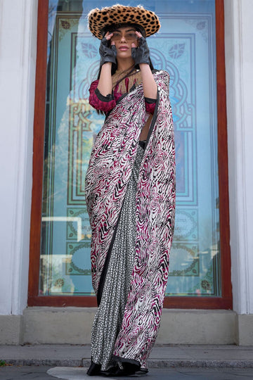 Off White Digital Print Satin Crepe Saree for Party