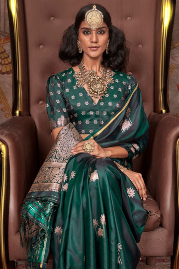 Pine Green Weaving Work Pure Satin Silk Saree