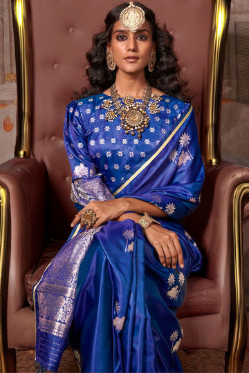 Indigo Blue Weaving Work Pure Satin Silk Saree