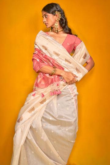 Off White Woven Handloom Tussar Silk Saree