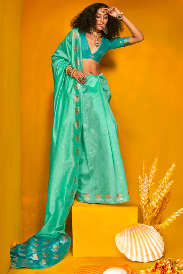 Turquoise Woven Handloom Tussar Silk Saree