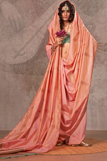 Peach Handloom Weaving Silk Saree