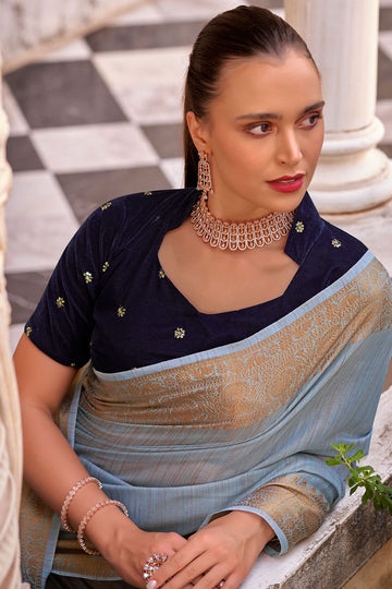 Livid Blue Exclusive Partywear Linen Saree with Double Blouse
