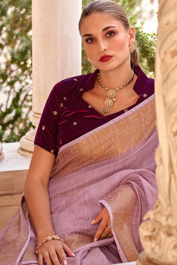 Lilac Pink Exclusive Partywear Linen Saree with Double Blouse