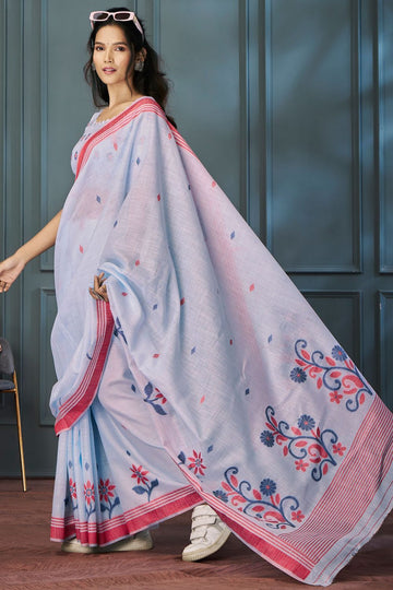 Periwinkle Linen Handloom Weaving Saree
