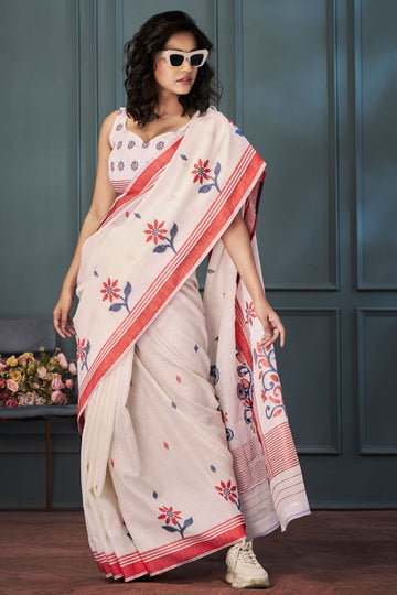 Off White Linen Handloom Weaving Saree