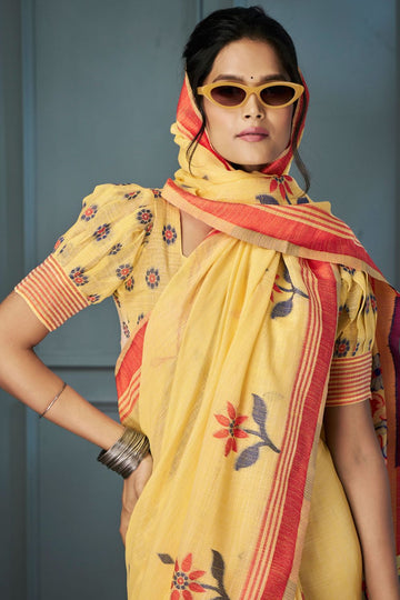 Lemon Yellow Linen Handloom Weaving Saree