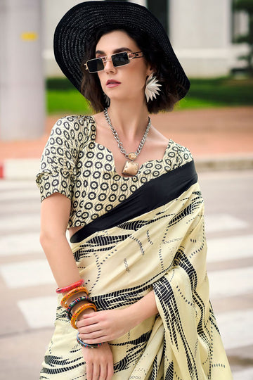 Cream Digital Print Satin Saree