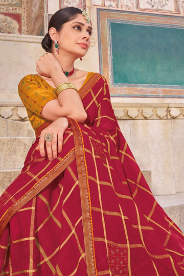 Scarlet Red Chiffon Saree for Festival