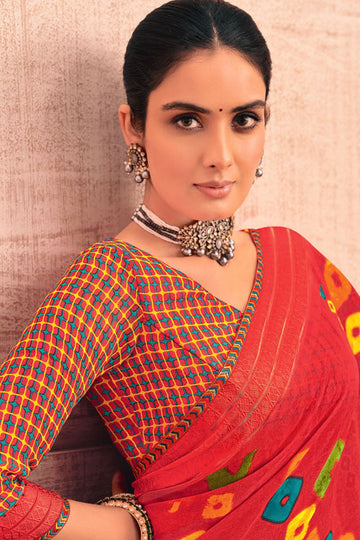 Carrot Red Printed Georgette Casual Wear Saree