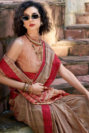 Beige Pure Handloom Katan Saree with Woven Pallu