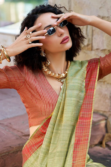 Pistachio Green Pure Handloom Katan Saree with Woven Pallu