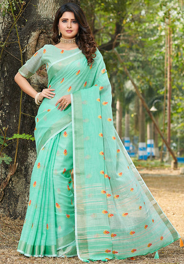 Turquoise Linen Printed Saree for Party