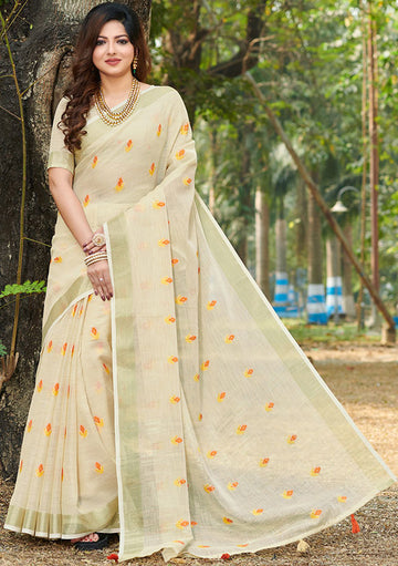 Ivory Linen Printed Saree for Party