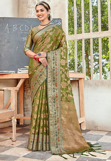 Olive Green Woven Organza Saree for Party