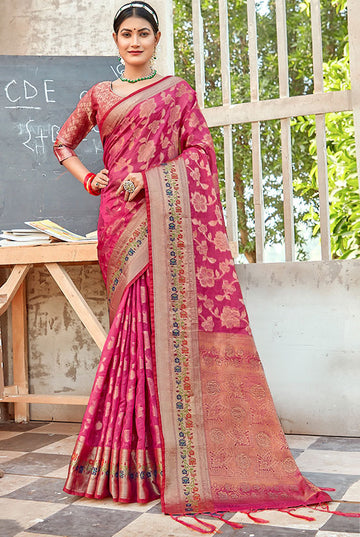 Onion Pink Woven Organza Saree for Party
