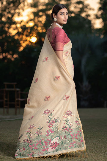 Cream Soft Modal Silk Party Wear Saree