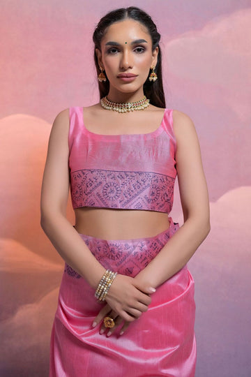 Pink Handloom Raw Silk Woven Party Wear Saree