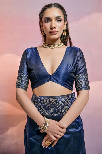 Navy Blue Handloom Raw Silk Woven Party Wear Saree