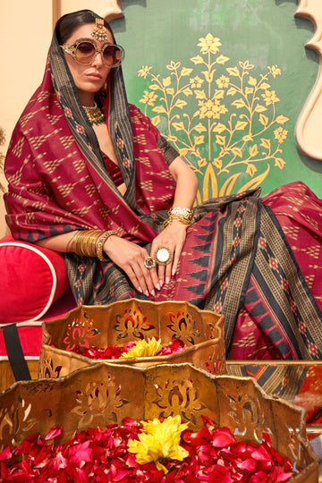 Maroon Foil Print Silk Saree for Party