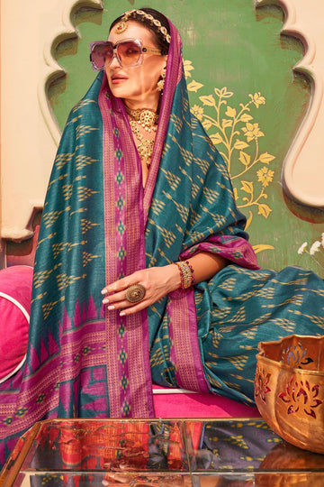 Teal Blue Foil Print Silk Saree for Party