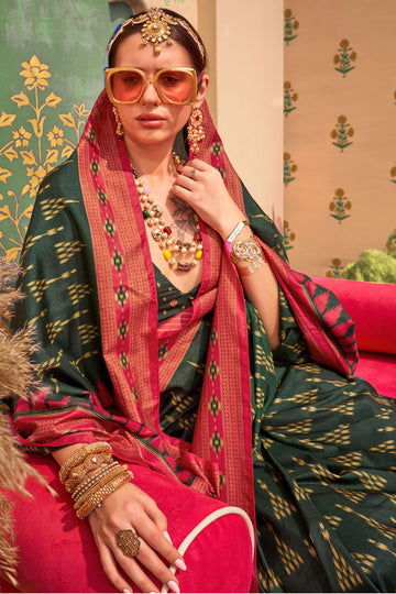Pine Green Foil Print Silk Saree for Party