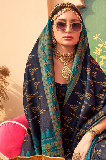 Midnight Blue Foil Print Silk Saree for Party