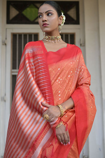 Orange Raw Silk Zari Woven for Party