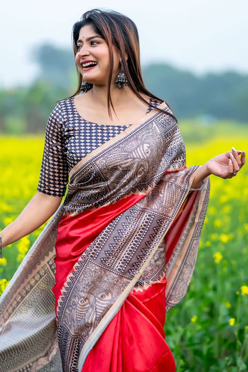 Red Soft Tussar Silk Party Wear Saree