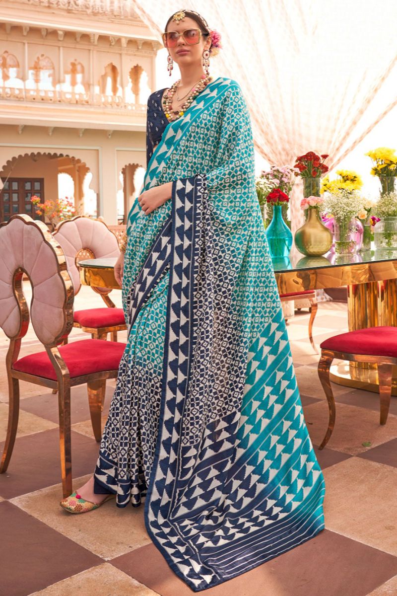 Azure Blue and Navy Blue Mercerized Silk Saree with Patola Print