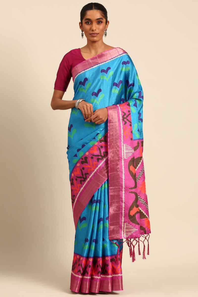 Azure Blue Cotton Digital Print Saree