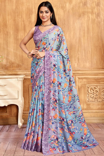 Azure Blue Silk Crepe Saree with Digital Print