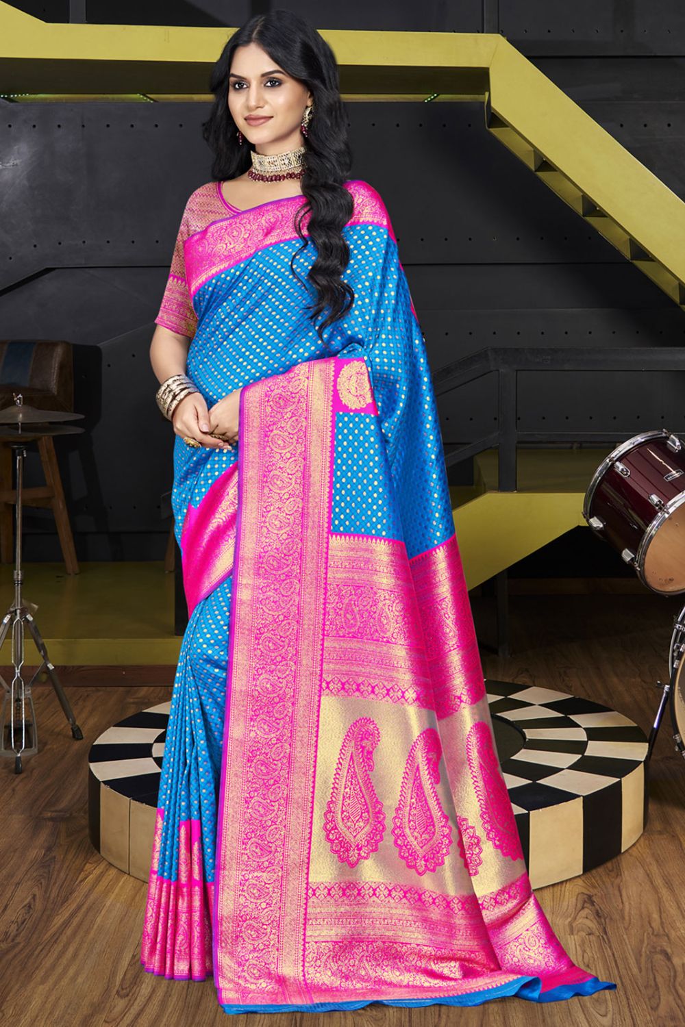 Azure Blue Silk Woven Work Saree