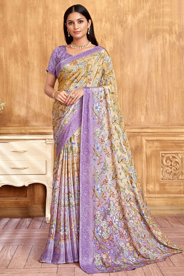 Beige and Purple Silk Crepe Saree with Digital Print