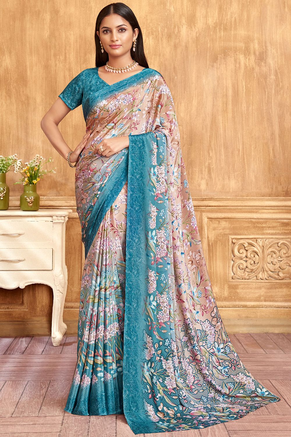 Beige and Teal Blue Silk Crepe Saree with Digital Print