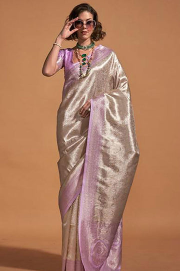 Beige Kanjivaram Silk Hand Woven Saree for Festival