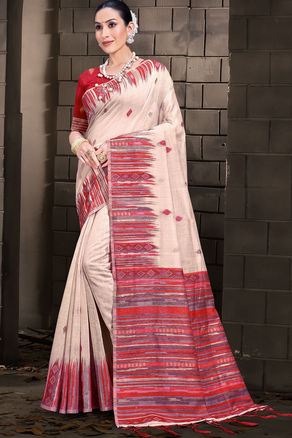 Beige Printed Cotton Saree