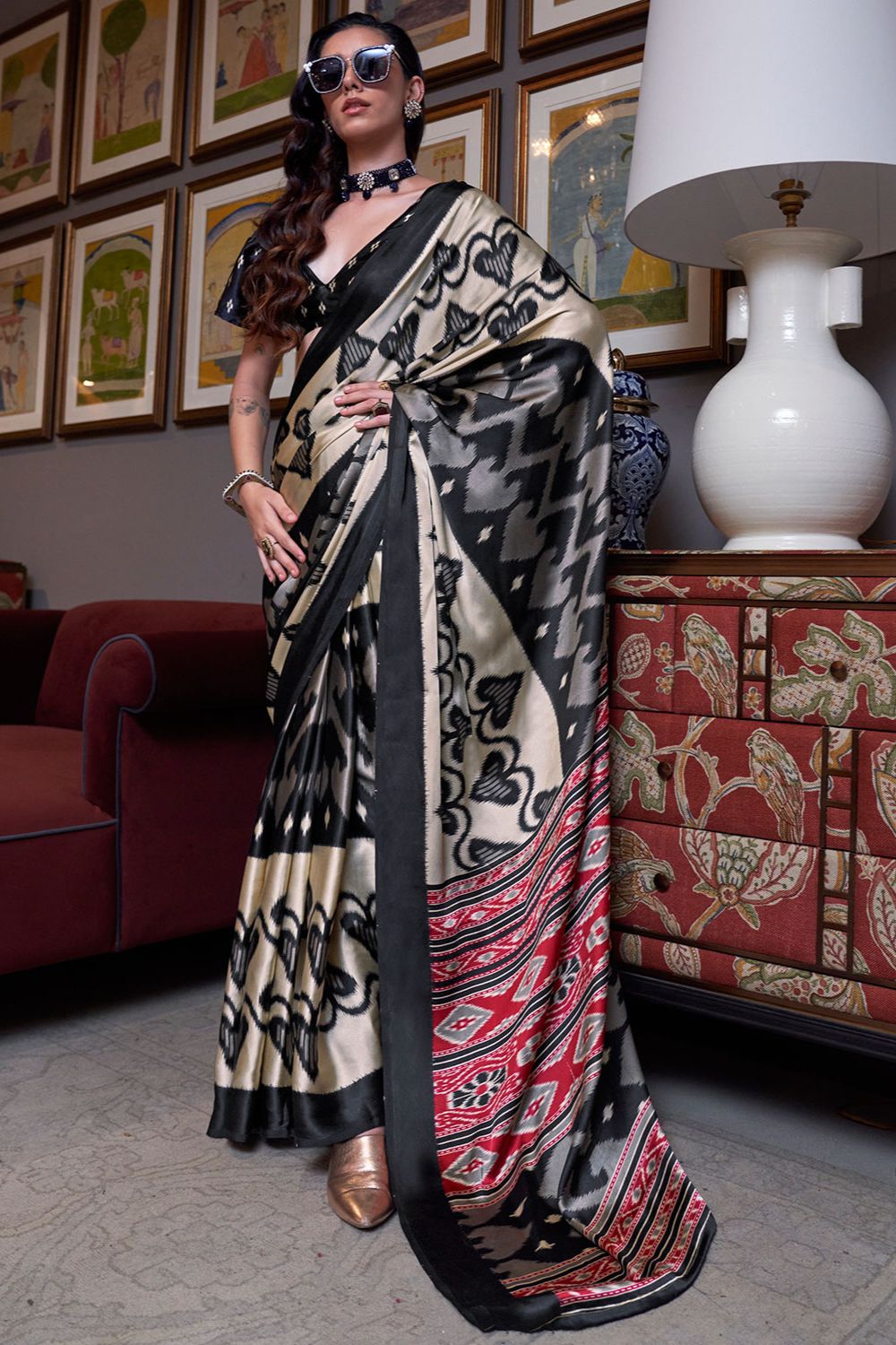 Black and Beige Satin Crepe Saree with Abstract Print