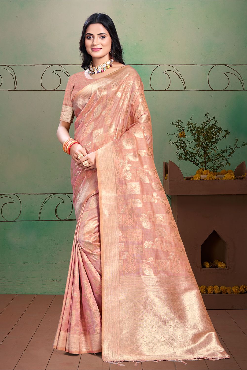 Blush Pink Cotton Silk Zari Woven Saree