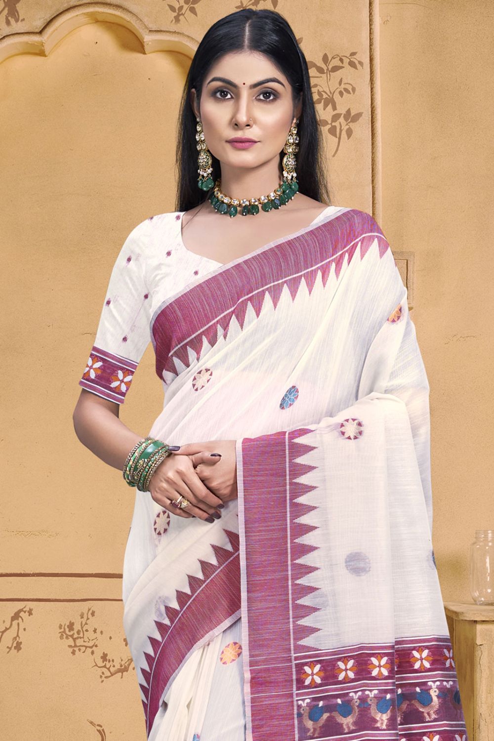 Off White Cotton Ptinted Saree