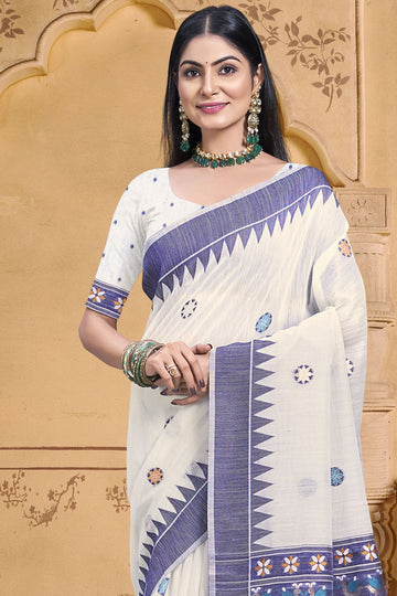 Off White Printed Cotton Saree