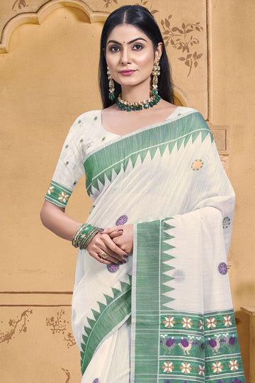Off White Printed Cotton Saree