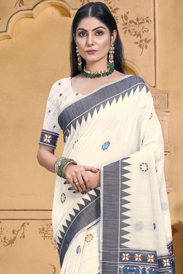 Off White Printed Cotton Saree