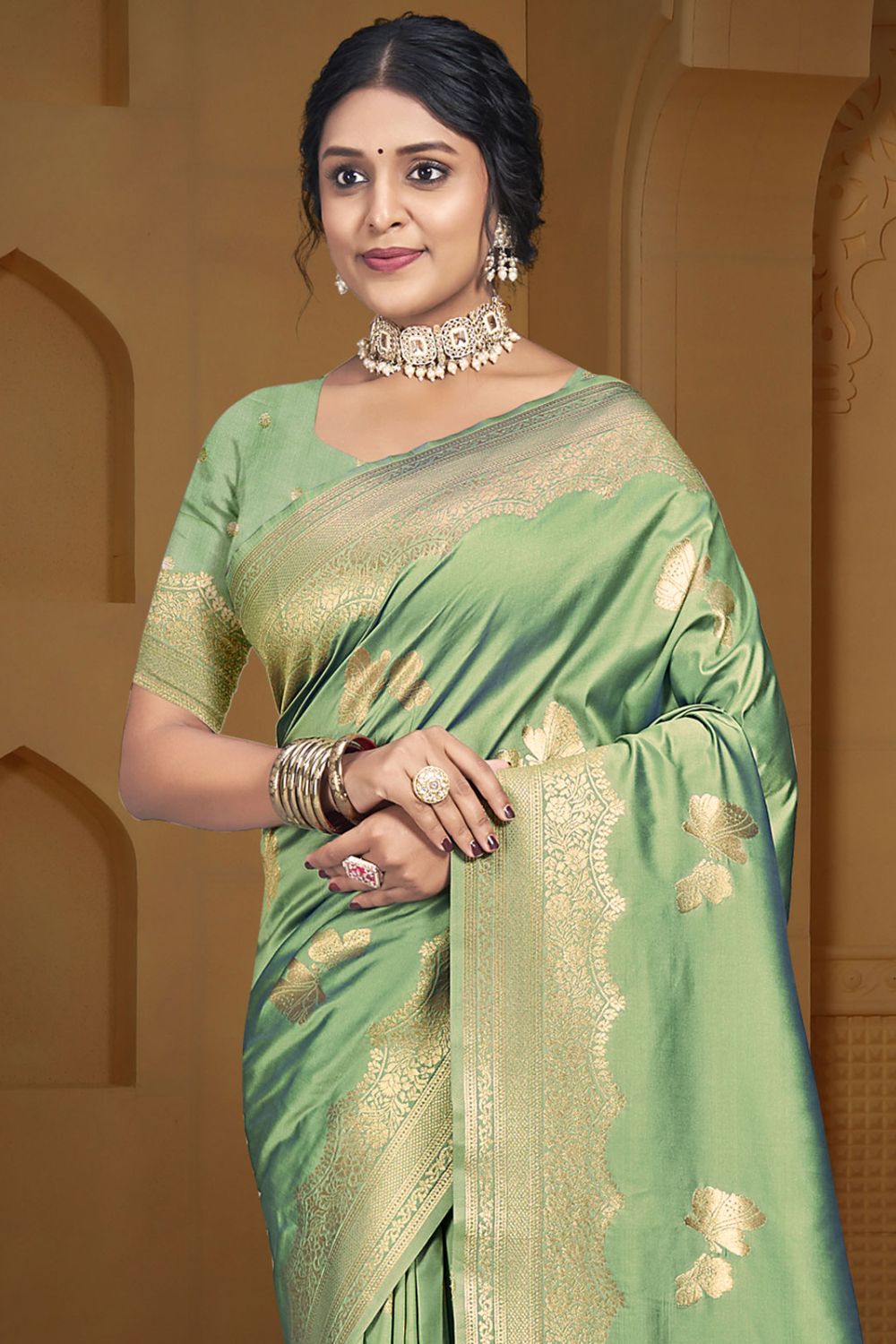 Pista Green Silk Woven Work Saree