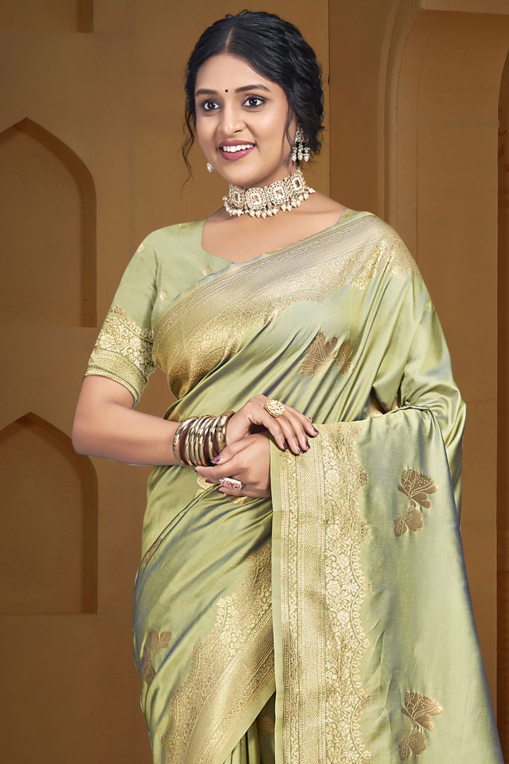 Pista Green Silk Woven Work Saree